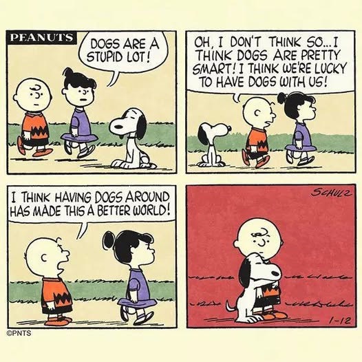 A four panel comic from the classic "Peanuts" strip.  Violet complains about how terrible Snoopy is, but Charlie Brown defends his dog, and Snoopy in teh last panel gives him a hug.